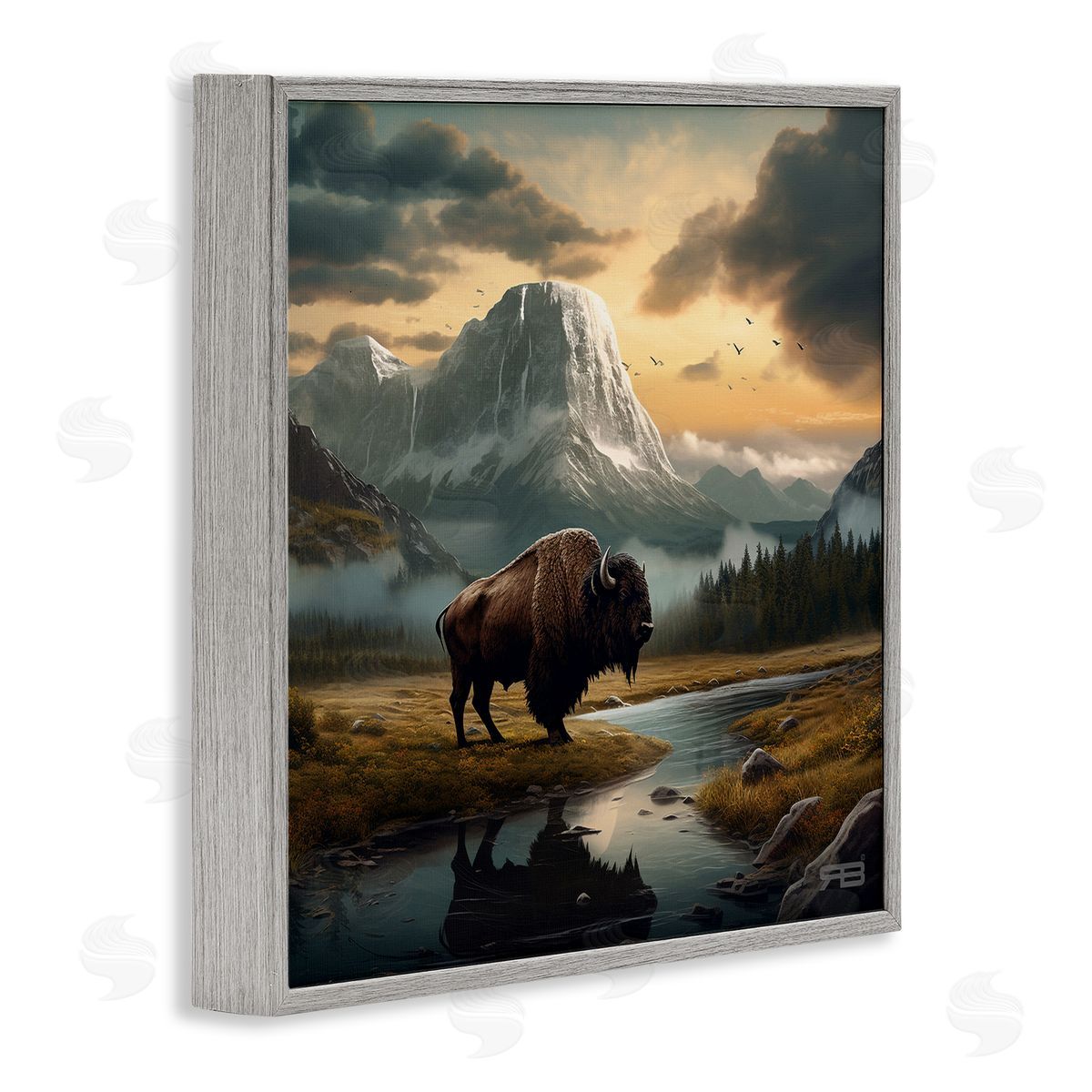 RB Bison & Vast Mountains Gray Framed Giclee Wall Art Print