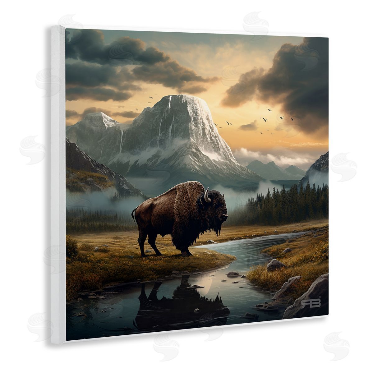 RB Bison & Vast Mountains Wooden Wall Plaque Art Print