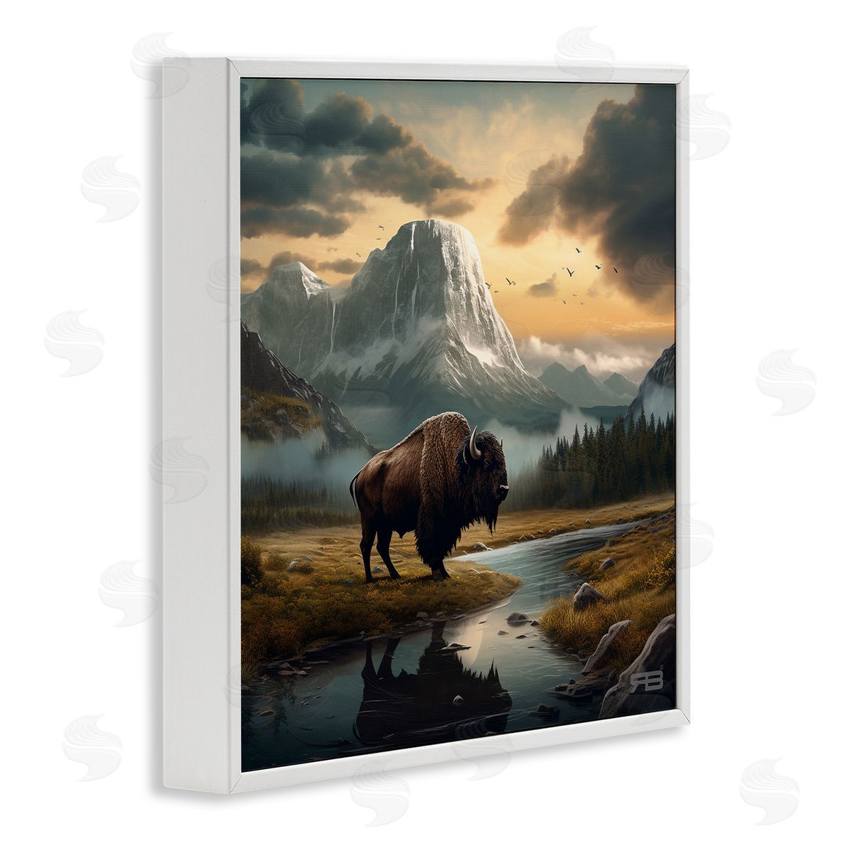 RB Bison & Vast Mountains White Framed Giclee Wall Art Print