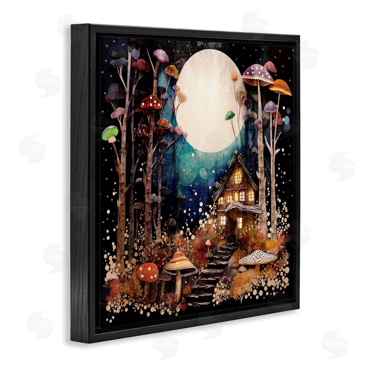 Sasha Whimsical Mushroom Cottage Black Floating Frame Canvas Wall Art Print