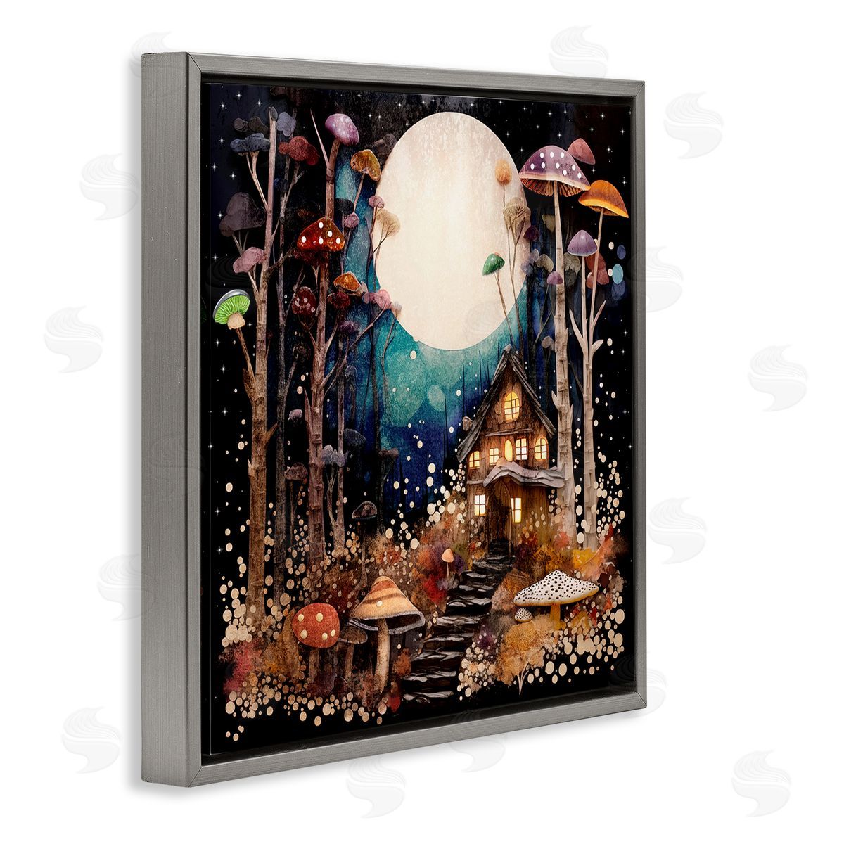 Sasha Whimsical Mushroom Cottage Gray Floating Frame Canvas Wall Art Print