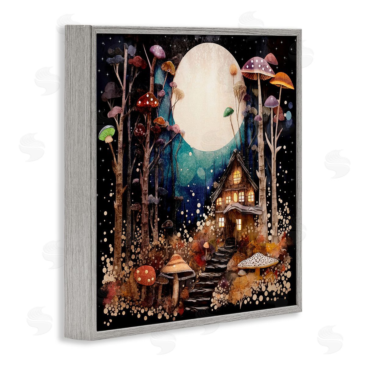 Sasha Whimsical Mushroom Cottage Gray Framed Giclee Wall Art Print