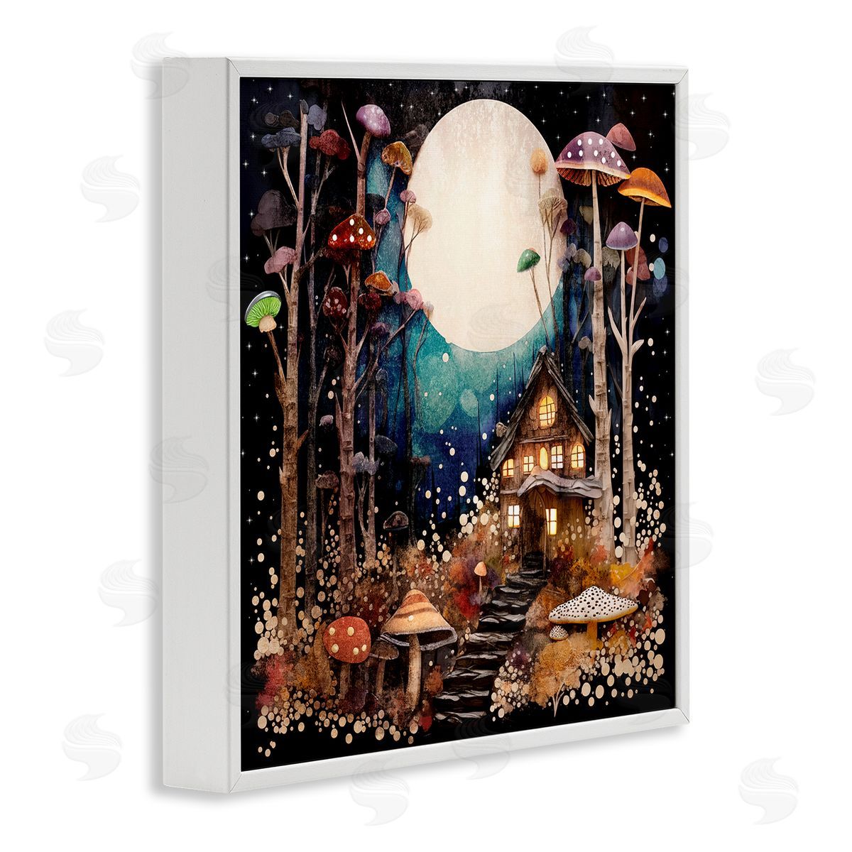Sasha Whimsical Mushroom Cottage White Framed Giclee Wall Art Print