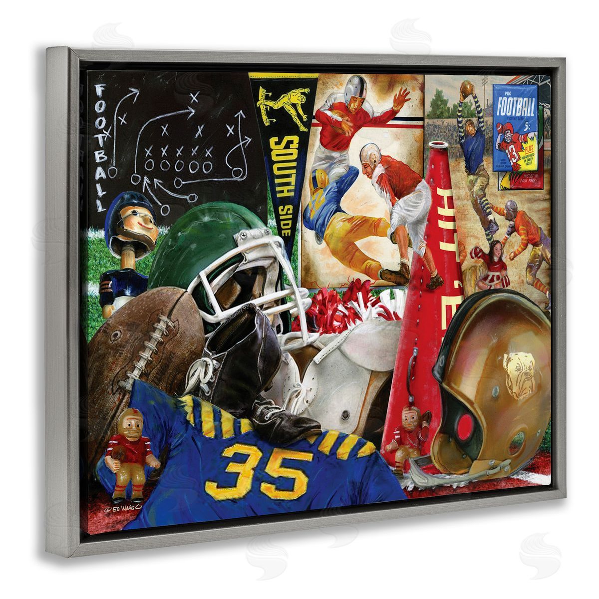 Football Sports Collage Grey Floating Frame Canvas Wall Art, Home Decor by Ed Wargo