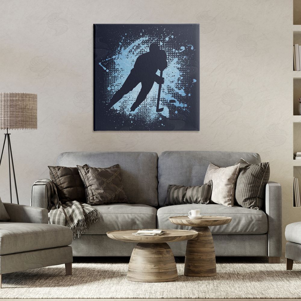 Jim Baldwin Hockey Stance Blue Splash Canvas Wall Art Print in Room