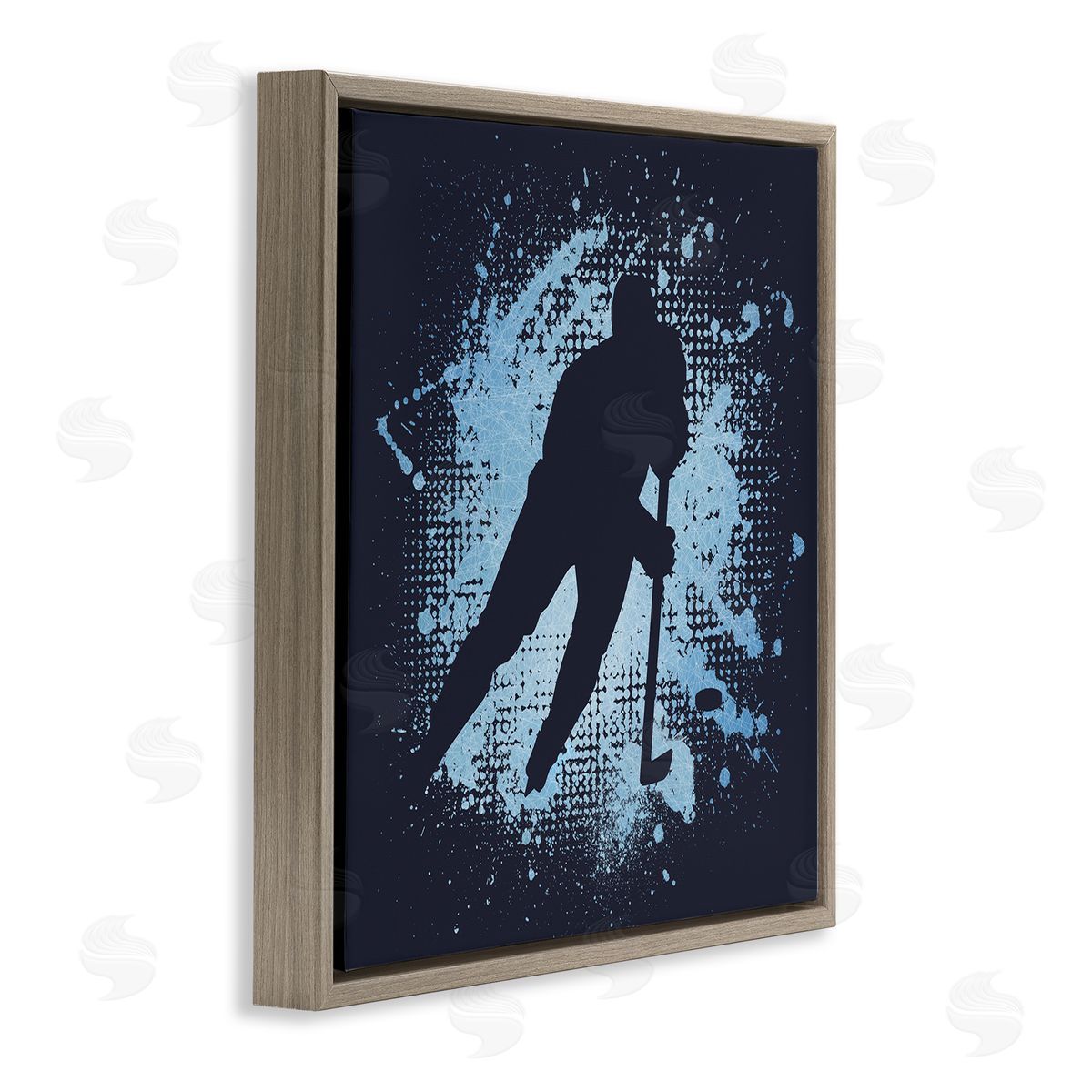 Jim Baldwin Hockey Stance Blue Splash Brown Floating Frame Canvas Wall Art Print