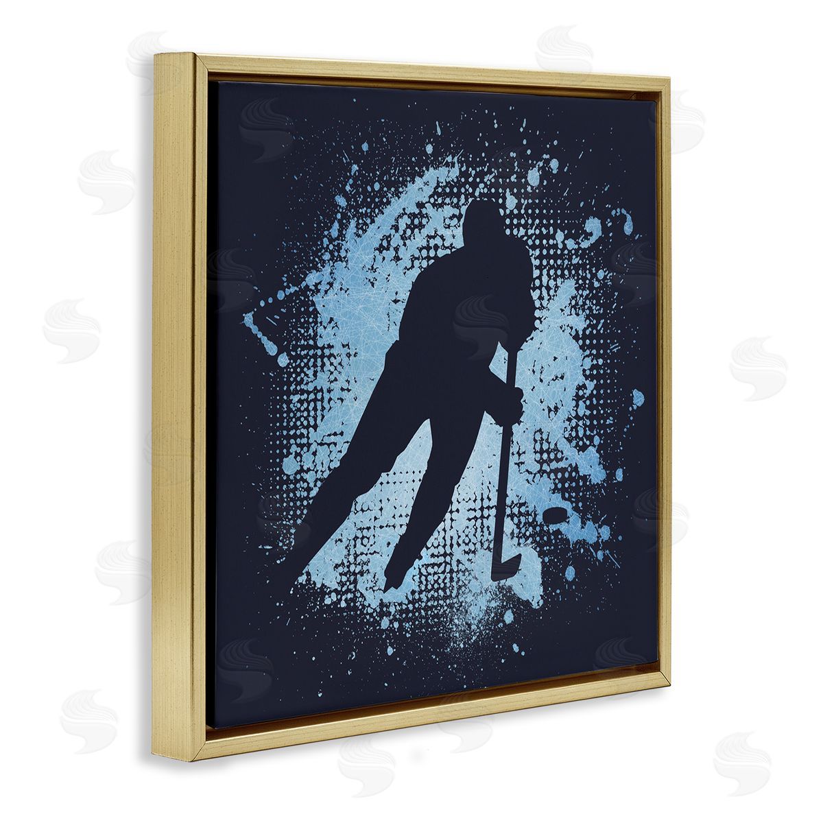 Jim Baldwin Hockey Stance Blue Splash Gold Floating Frame Canvas Wall Art Print