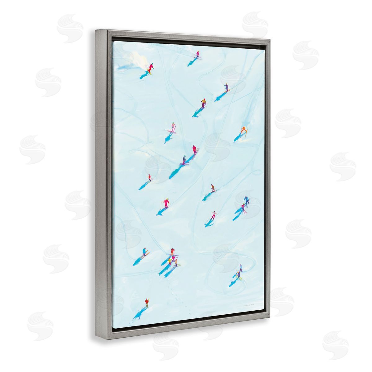 People on Ski Slopes Grey Floating Frame Canvas Wall Art, Home Decor by Kamdon Kreations