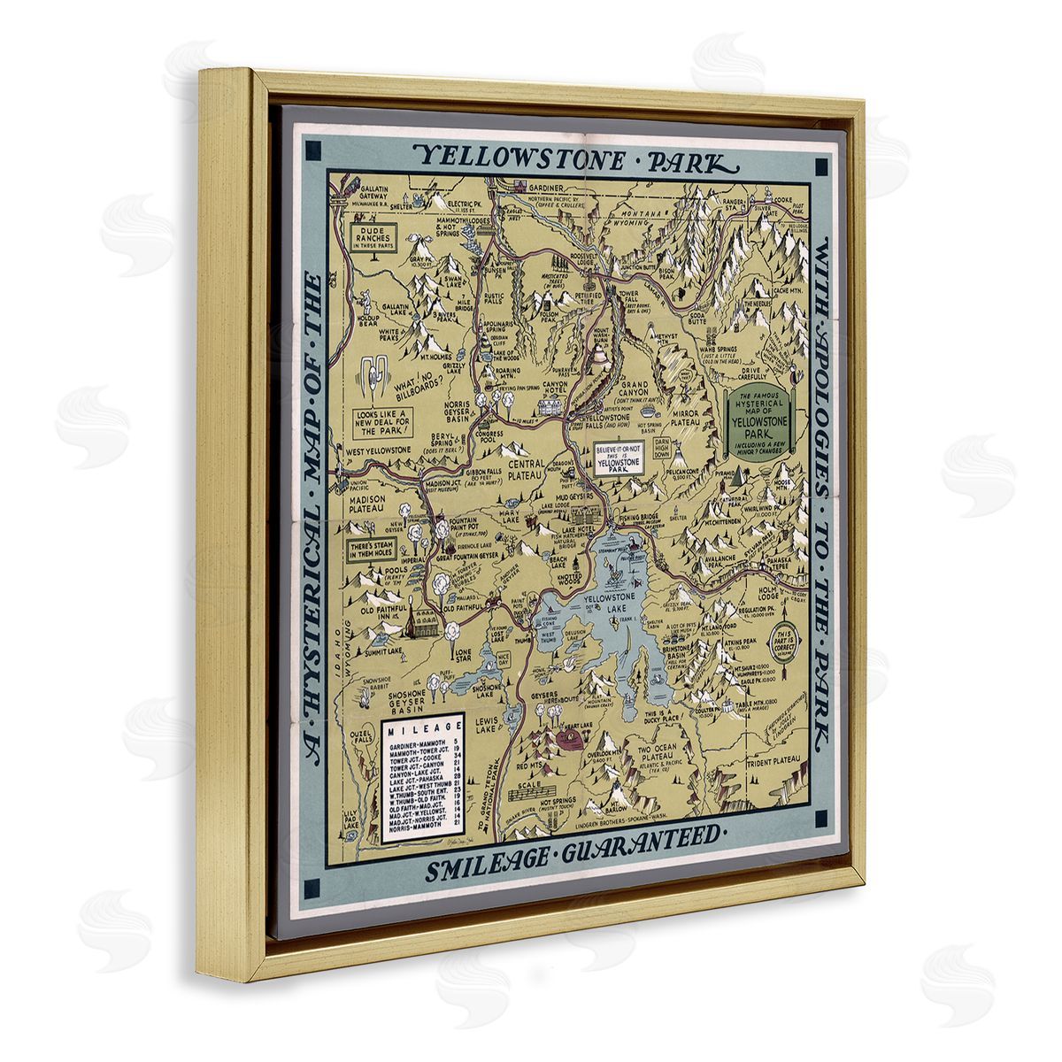 Stellar Design Studio Vintage Yellowstone Map Gold Floating Frame Canvas Wall Art Print