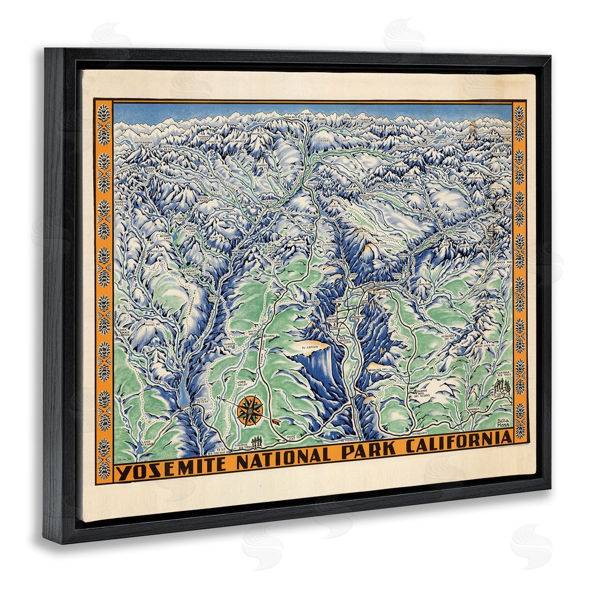 Stellar Design Studio Vintage Yosemite Map Black Floating Frame Canvas Wall Art Print