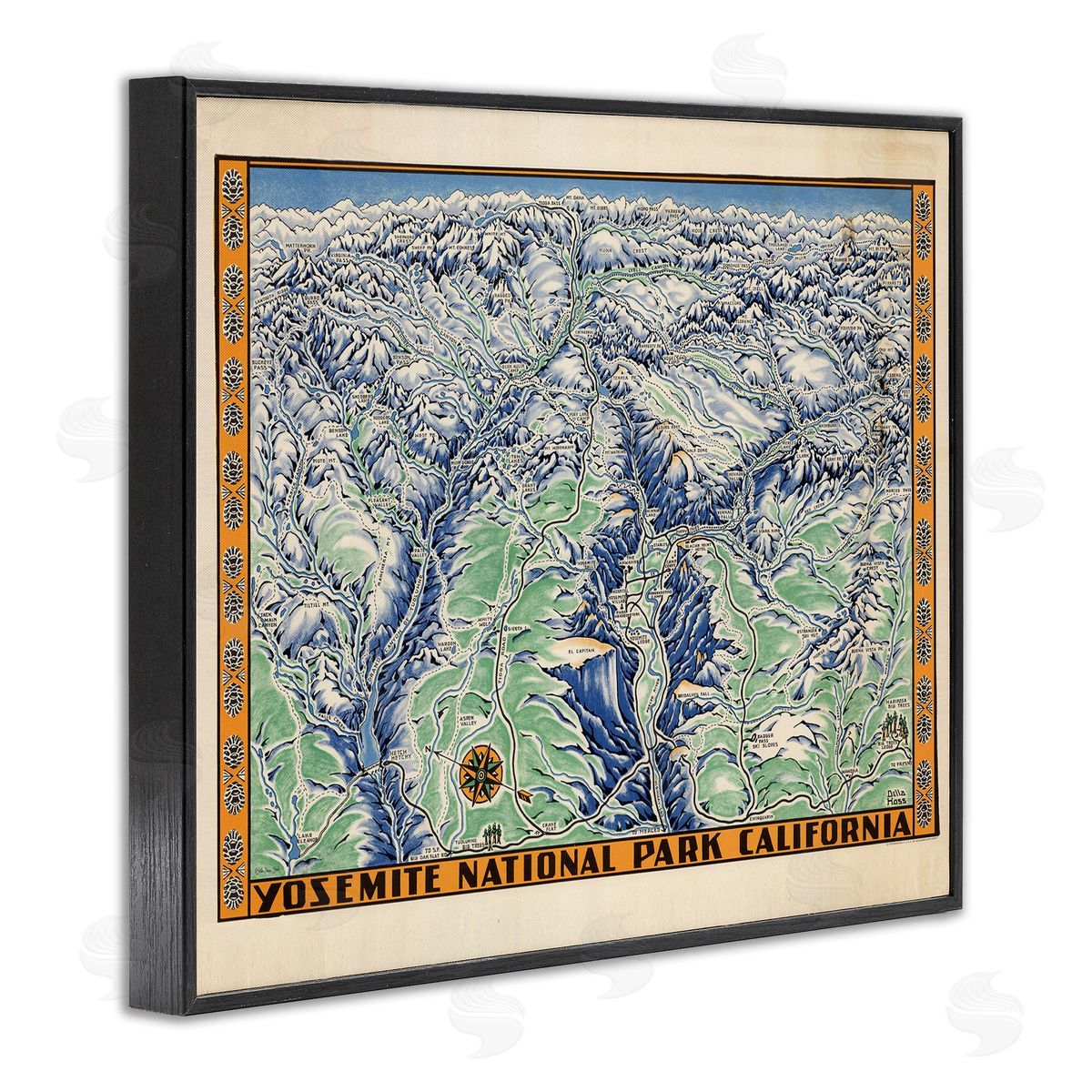 Stellar Design Studio Vintage Yosemite Map Black Framed Giclee Wall Art Print