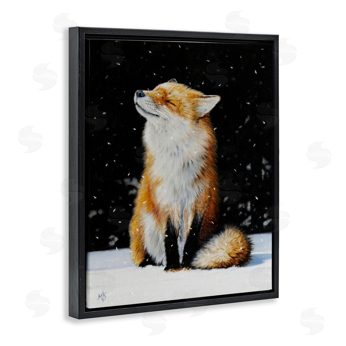 Mark Kelso Blissful Fox with Snowflakes Black Floating Frame Canvas Wall Art Print