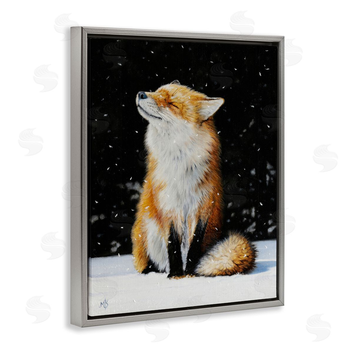 Mark Kelso Blissful Fox with Snowflakes Gray Floating Frame Canvas Wall Art Print