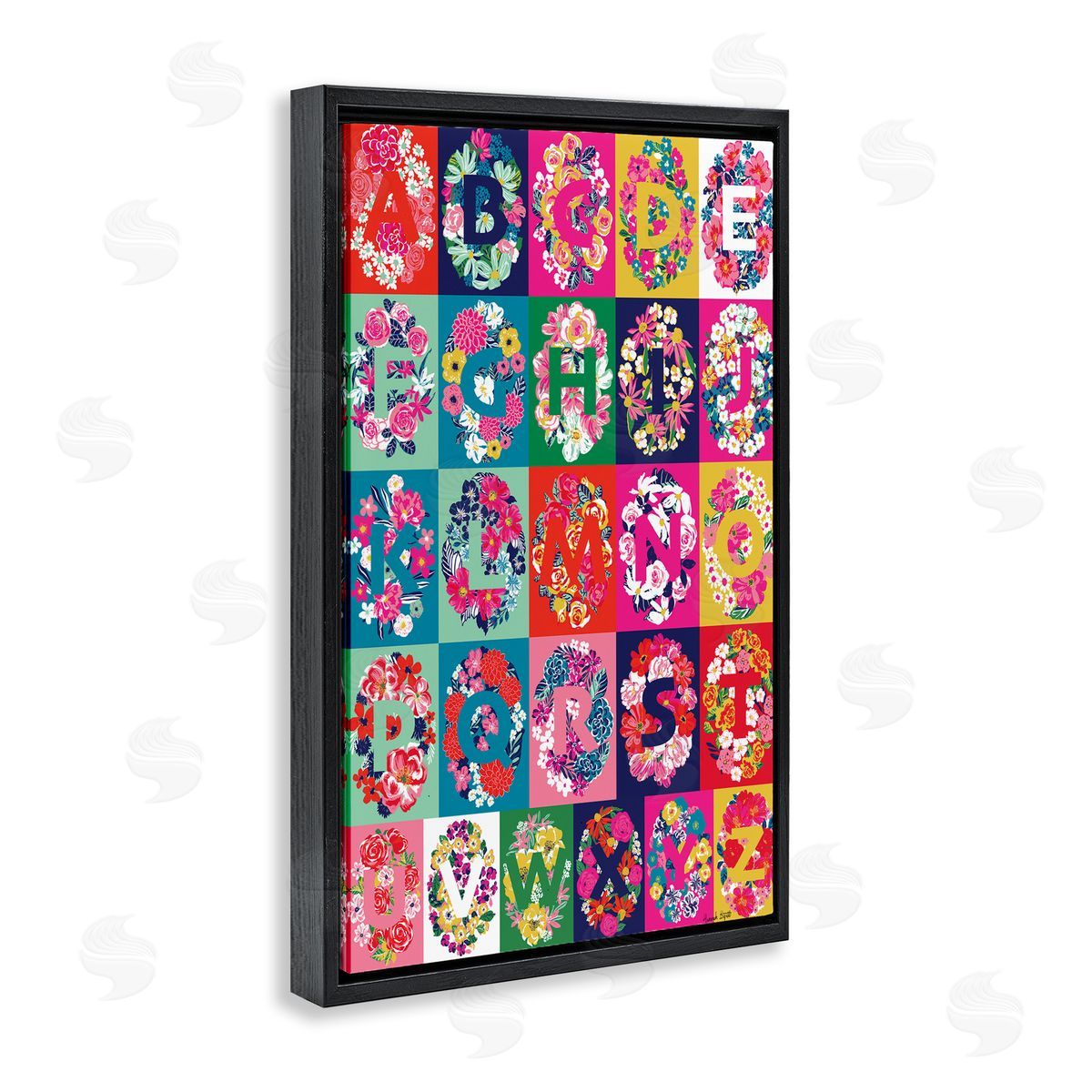 Hannah Byatt Energetic Blooms Alphabet Black Floating Frame Canvas Wall Art Print