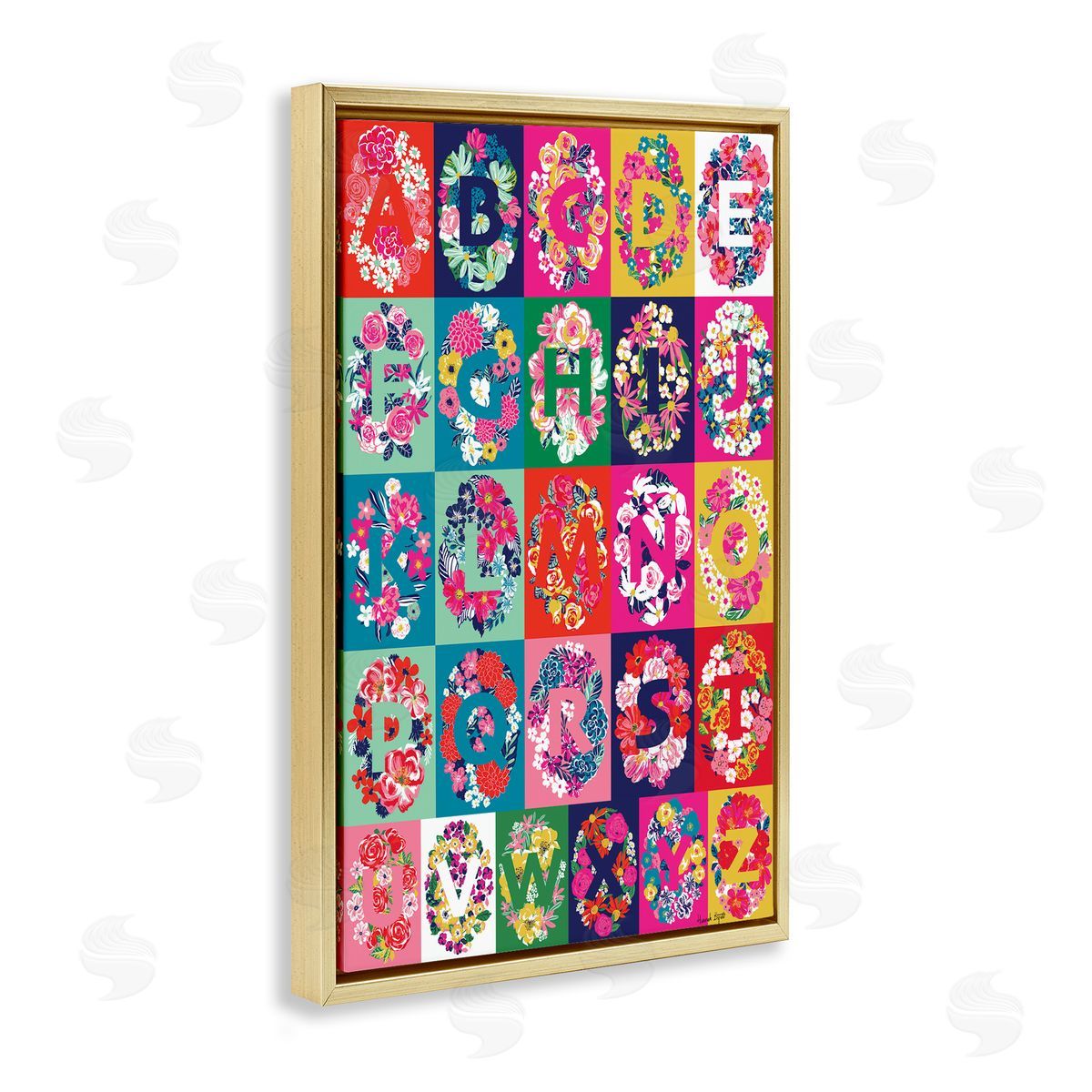 Hannah Byatt Energetic Blooms Alphabet Gold Floating Frame Canvas Wall Art Print