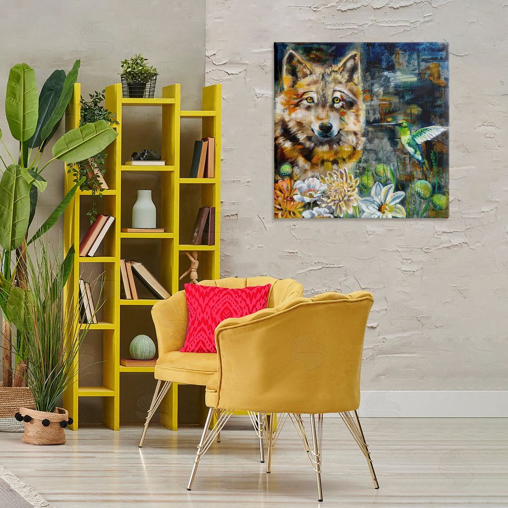 Linda McClure Beautiful Wolf & Hummingbird Canvas Wall Art Print in Room