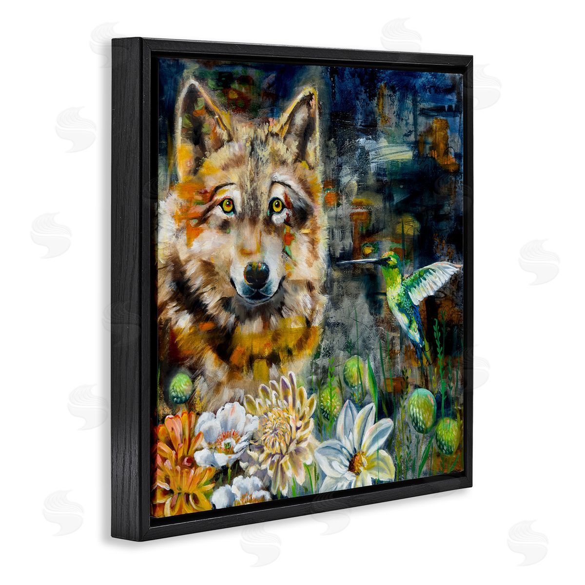 Linda McClure Beautiful Wolf & Hummingbird Black Floating Frame Canvas Wall Art Print