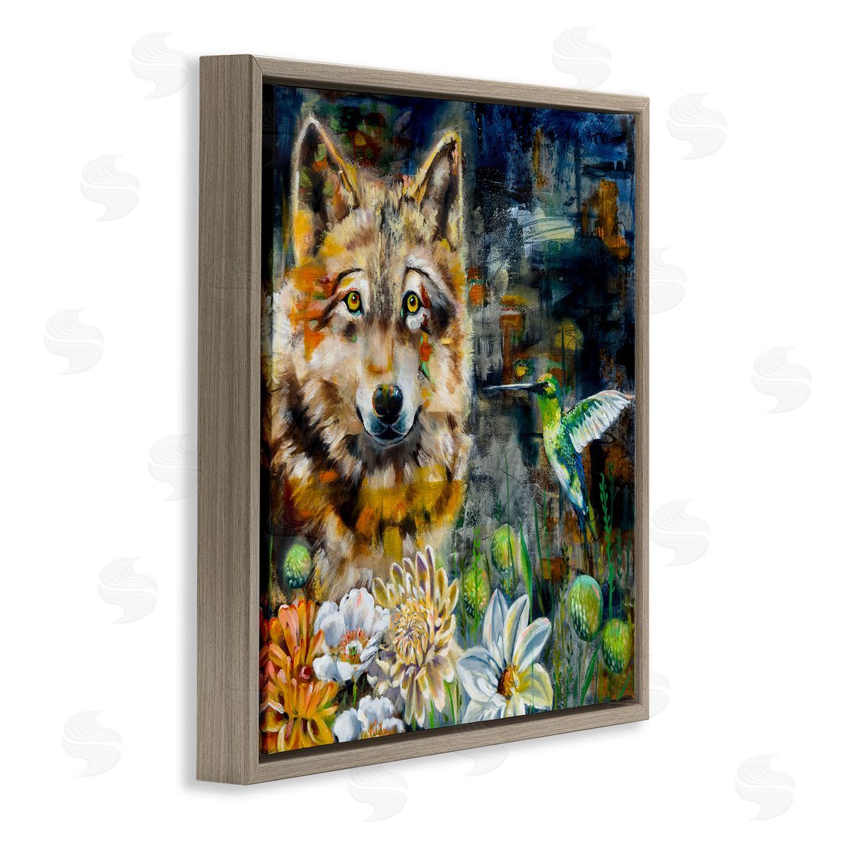 Linda McClure Beautiful Wolf & Hummingbird Brown Floating Frame Canvas Wall Art Print
