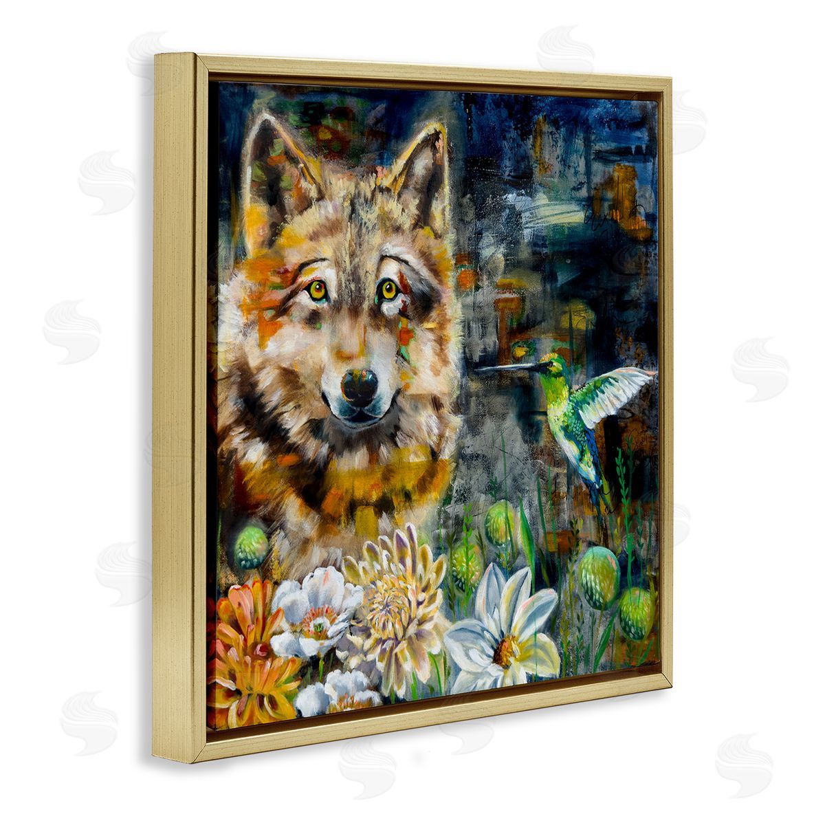 Linda McClure Beautiful Wolf & Hummingbird Gold Floating Frame Canvas Wall Art Print