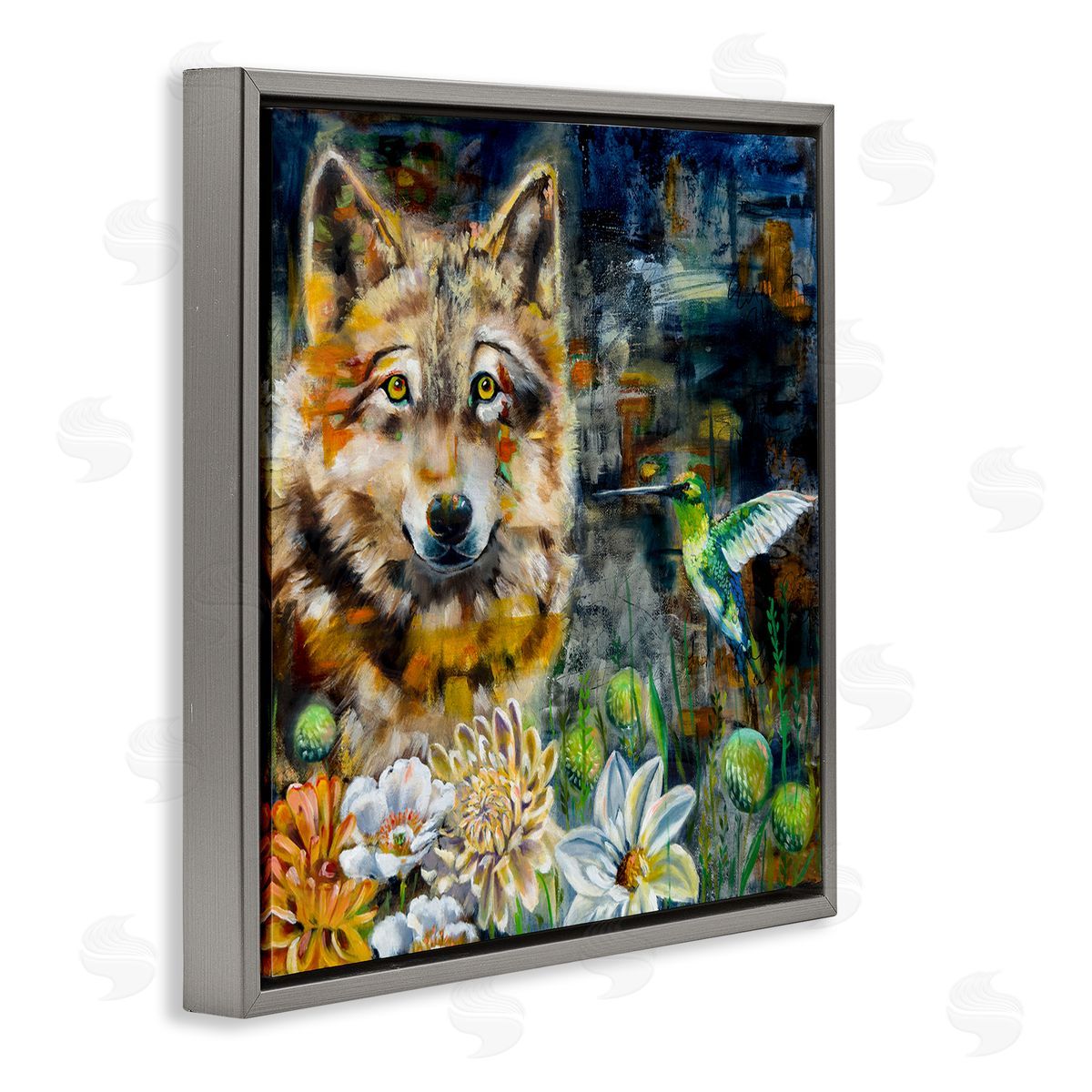 Linda McClure Beautiful Wolf & Hummingbird Gray Floating Frame Canvas Wall Art Print