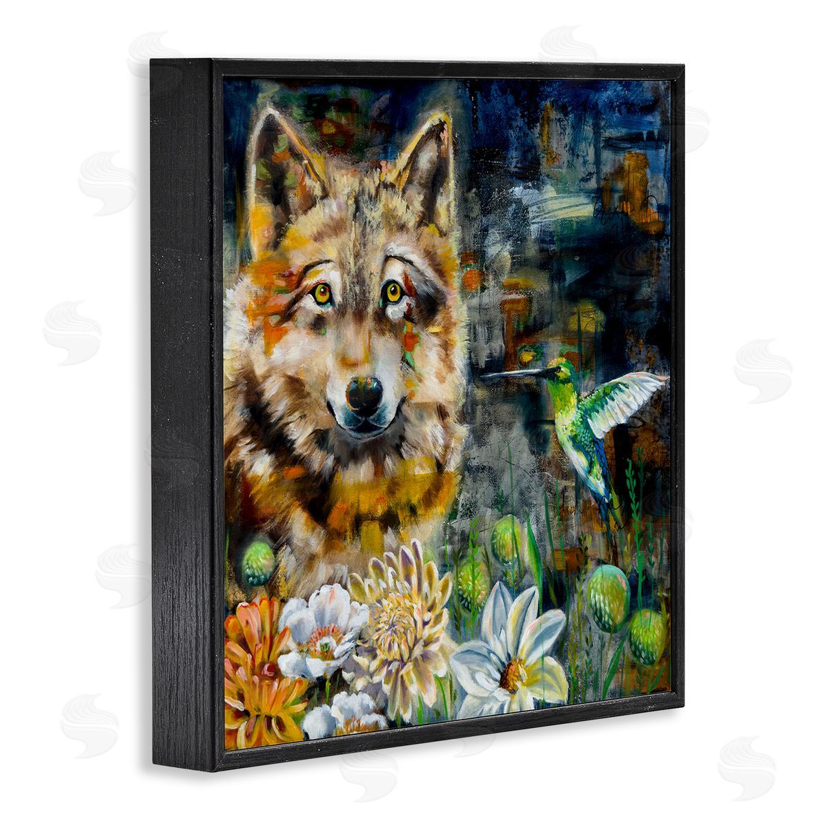 Linda McClure Beautiful Wolf & Hummingbird Black Framed Giclee Wall Art Print