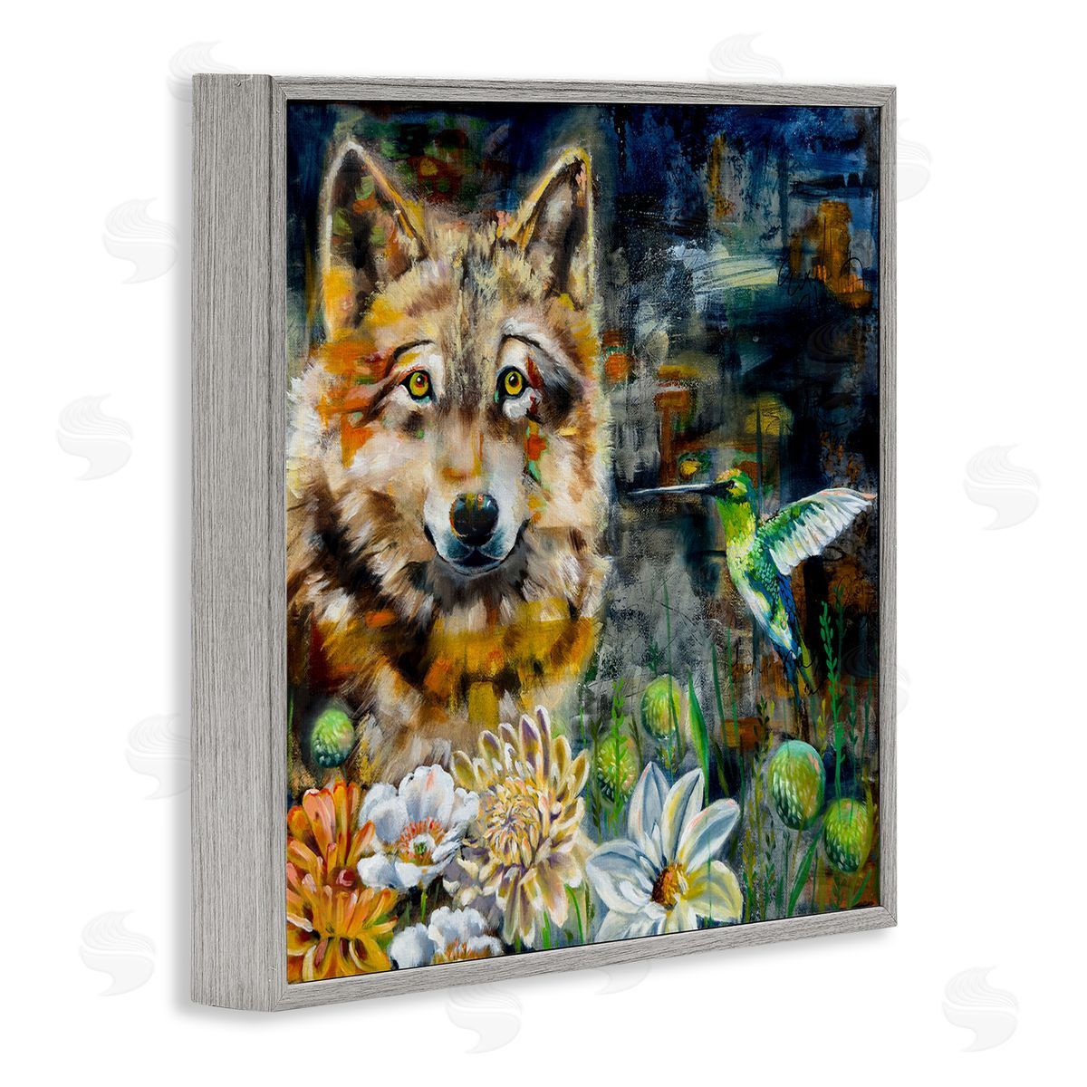 Linda McClure Beautiful Wolf & Hummingbird Gray Framed Giclee Wall Art Print