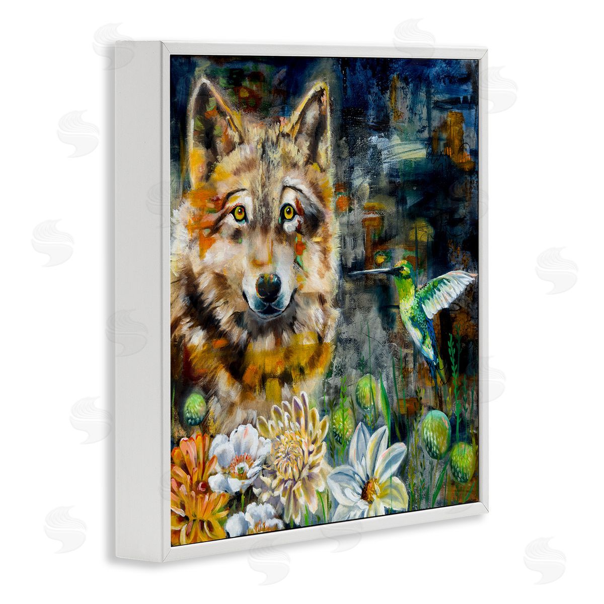 Linda McClure Beautiful Wolf & Hummingbird White Framed Giclee Wall Art Print