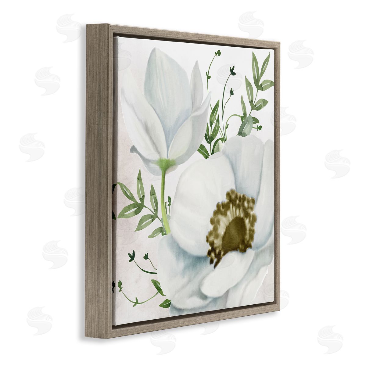 Kim Allen Magnolia & Leaf Sprigs Brown Floating Frame Canvas Wall Art Print