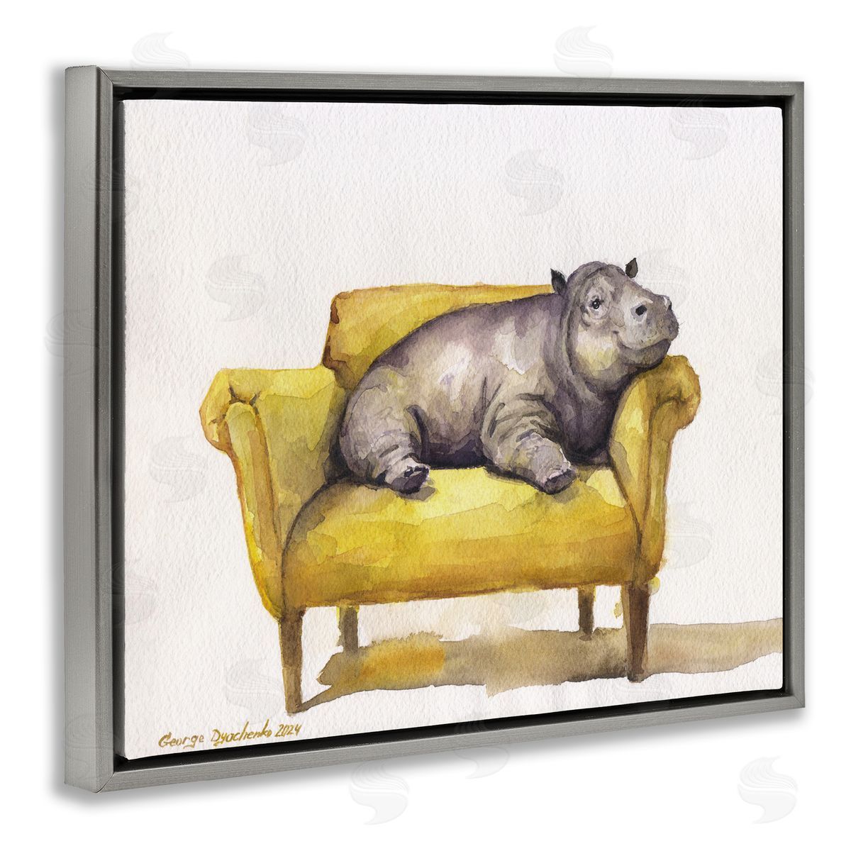 George Dyachenko Hippo on Yellow Chair Gray Floating Frame Canvas Wall Art Print