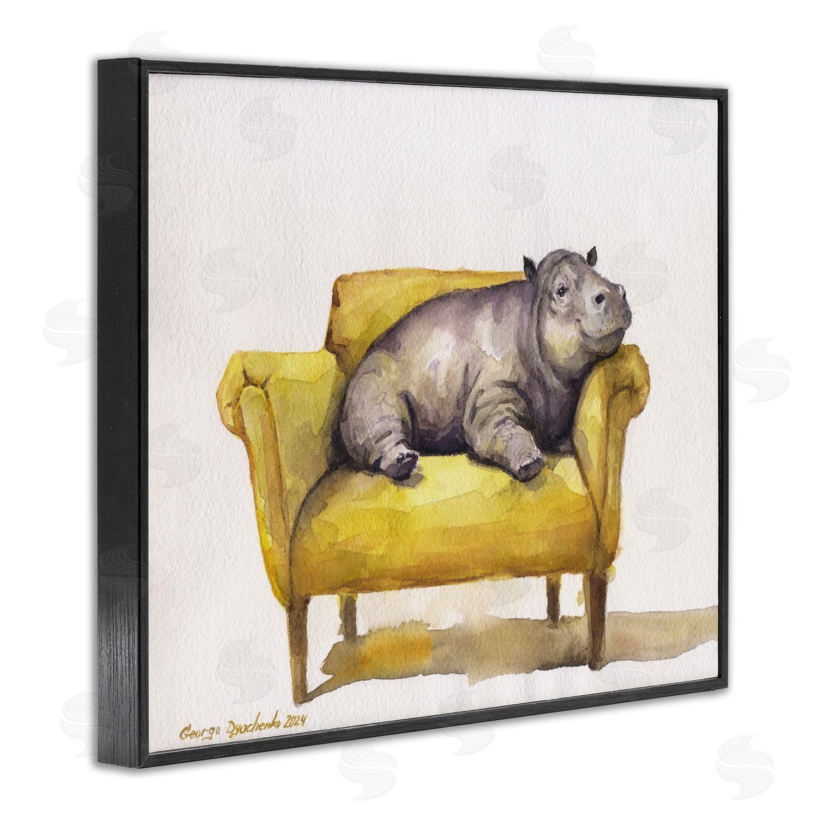 George Dyachenko Hippo on Yellow Chair Black Framed Giclee Wall Art Print