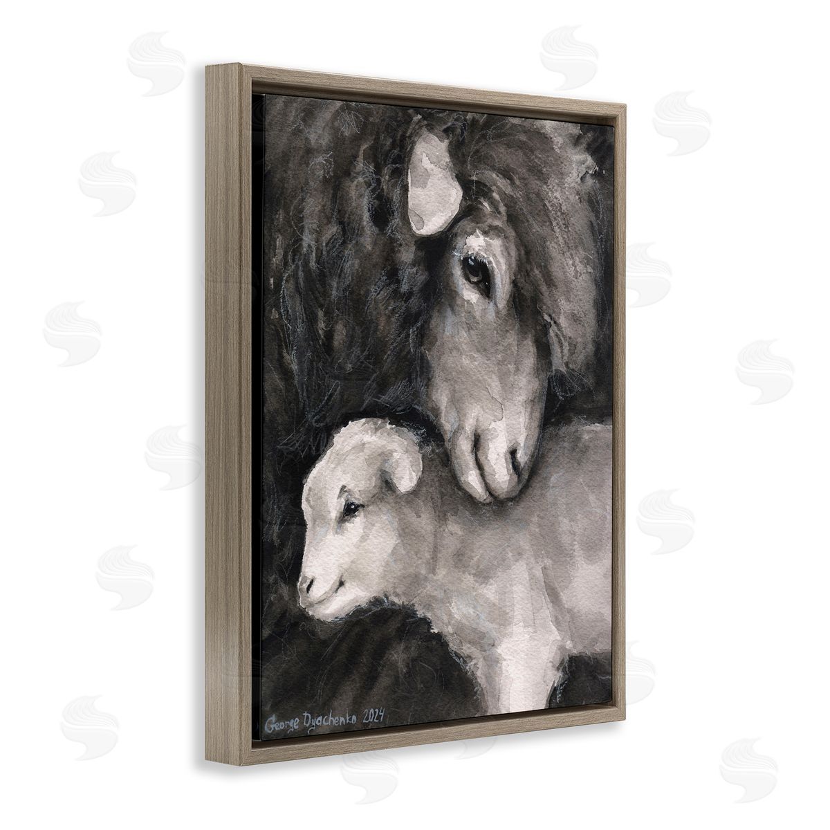 George Dyachenko Cuddling Sheep & Lamb Brown Floating Frame Canvas Wall Art Print