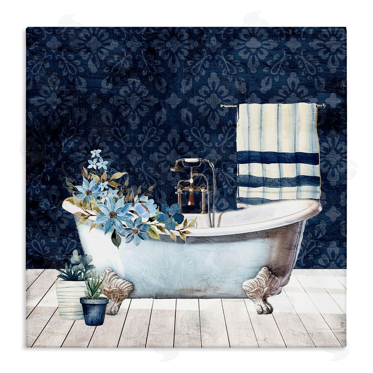Kim Allen Blue Damask Bathroom Canvas Wall Art Print