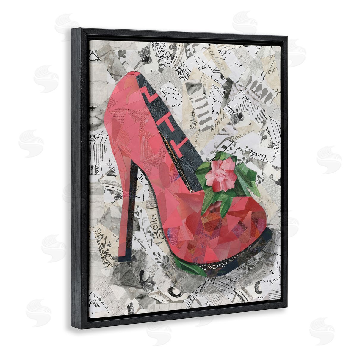 Coco Good Collaged Pink Heel Black Floating Frame Canvas Wall Art Print