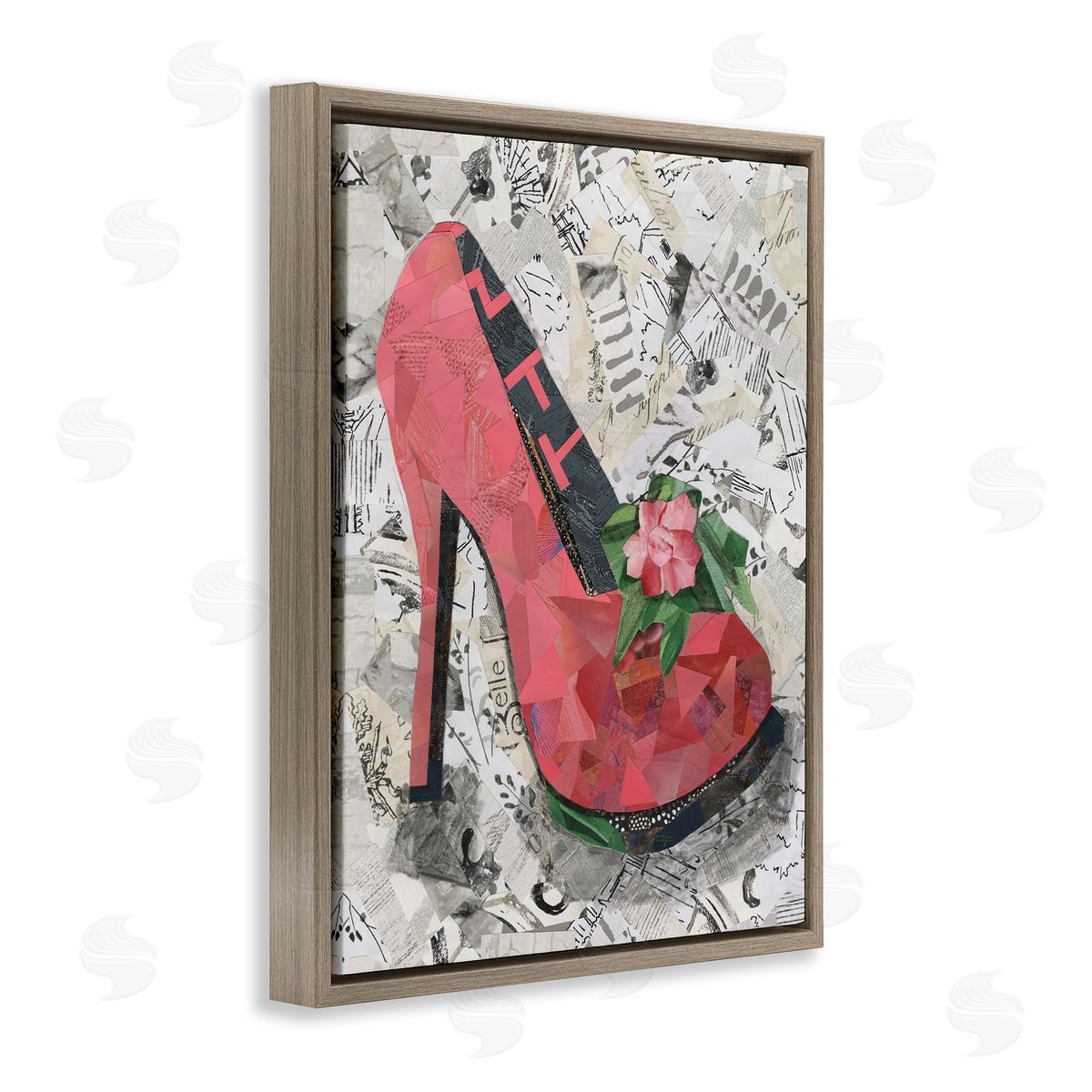 Coco Good Collaged Pink Heel Brown Floating Frame Canvas Wall Art Print