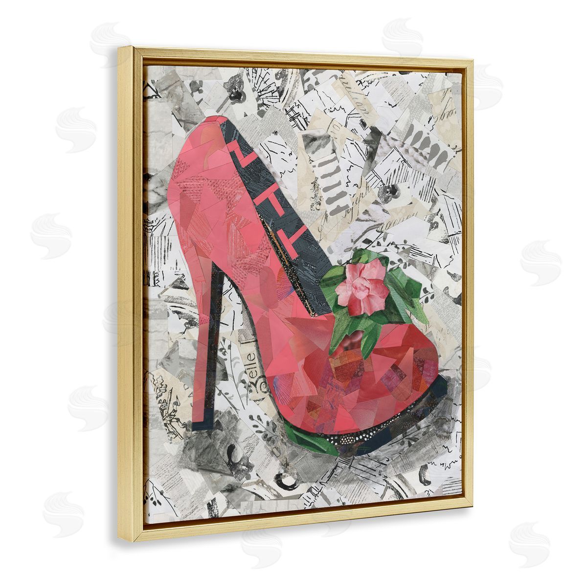 Coco Good Collaged Pink Heel Gold Floating Frame Canvas Wall Art Print