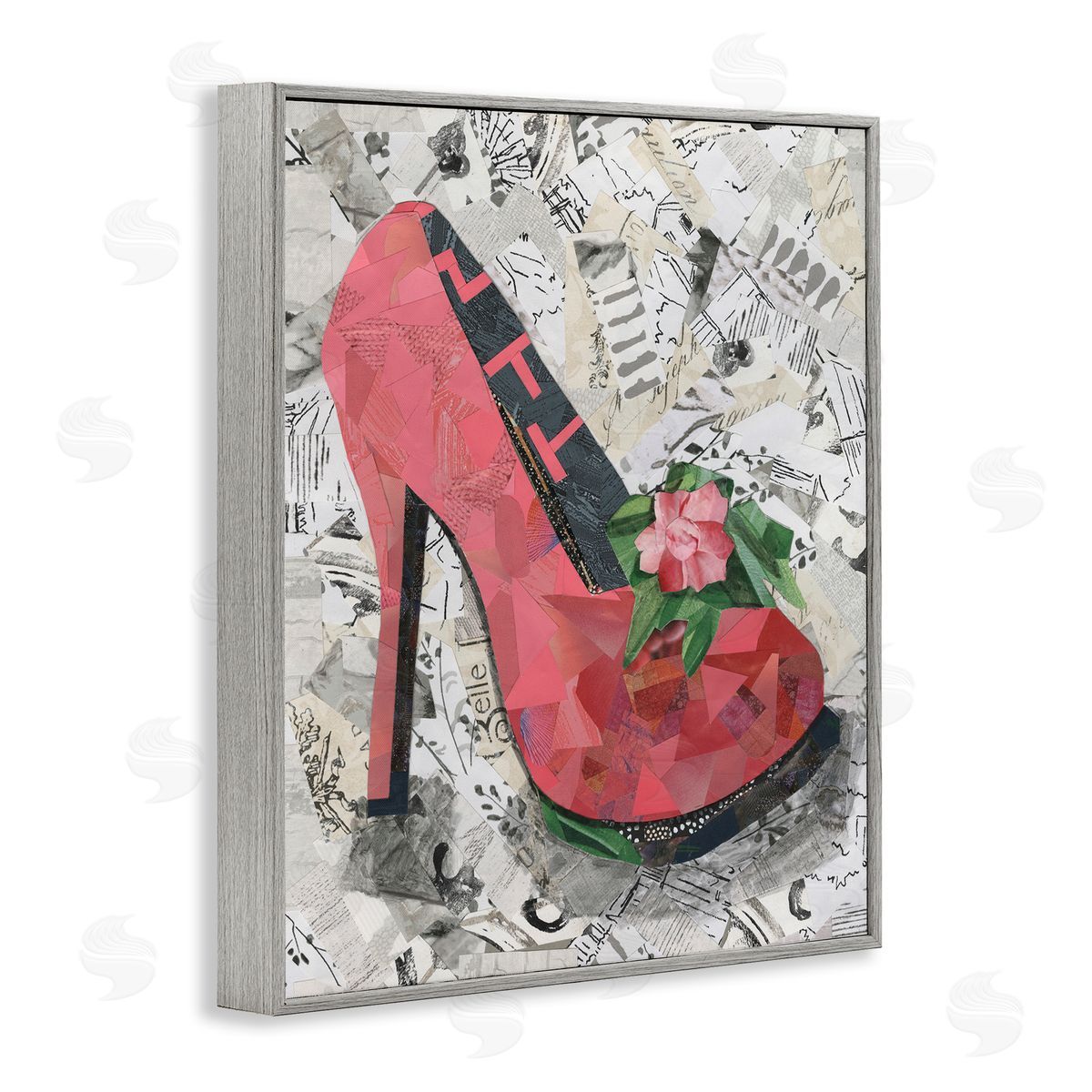 Coco Good Collaged Pink Heel Gray Framed Giclee Wall Art Print