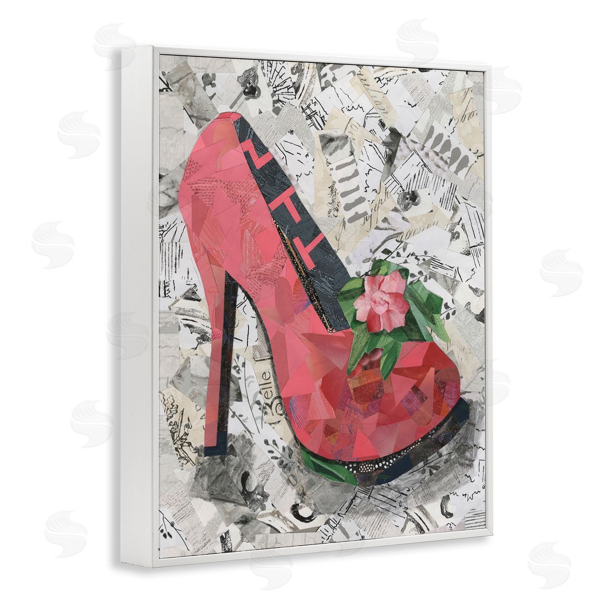 Coco Good Collaged Pink Heel White Framed Giclee Wall Art Print