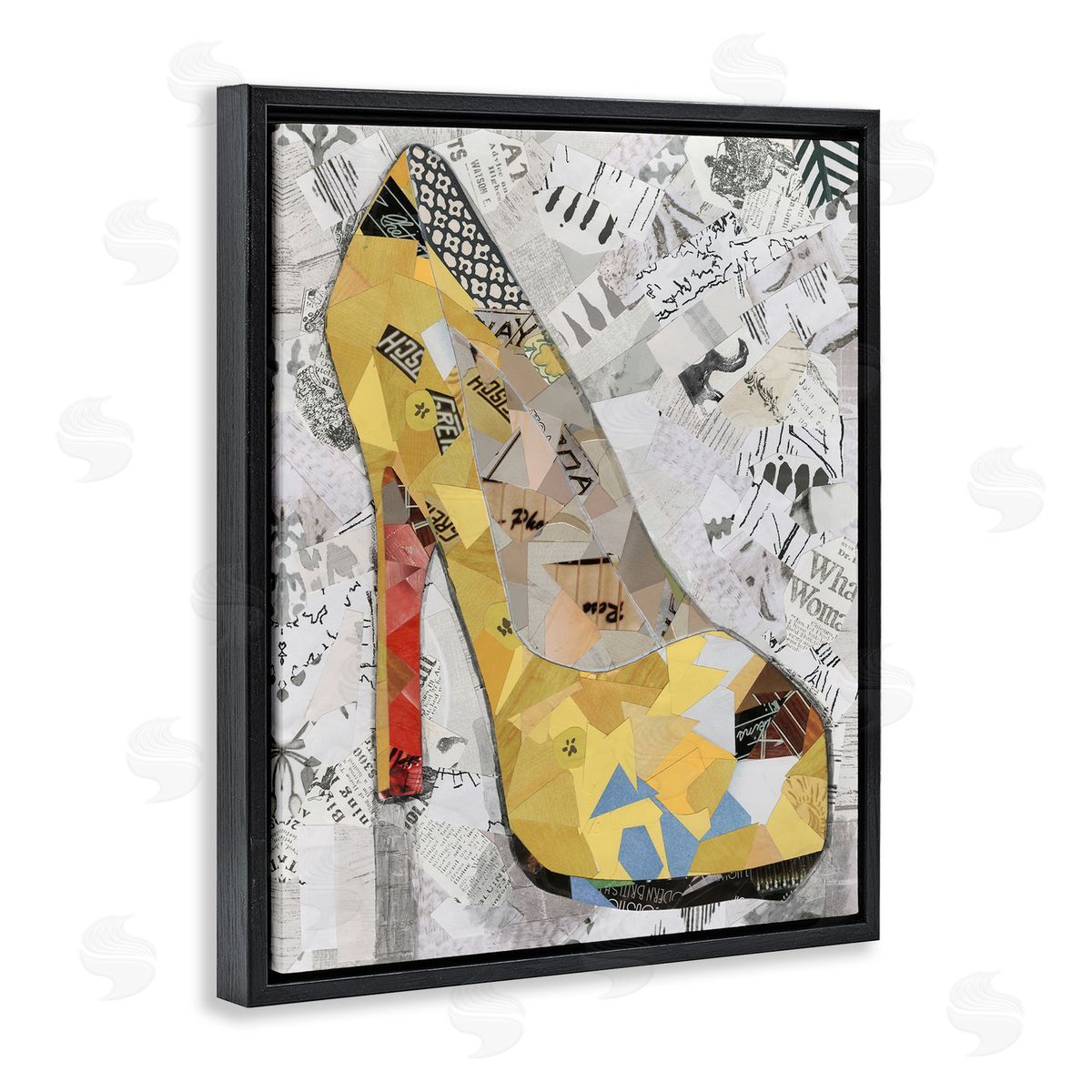 Coco Good Collaged Yellow Heel Black Floating Frame Canvas Wall Art Print
