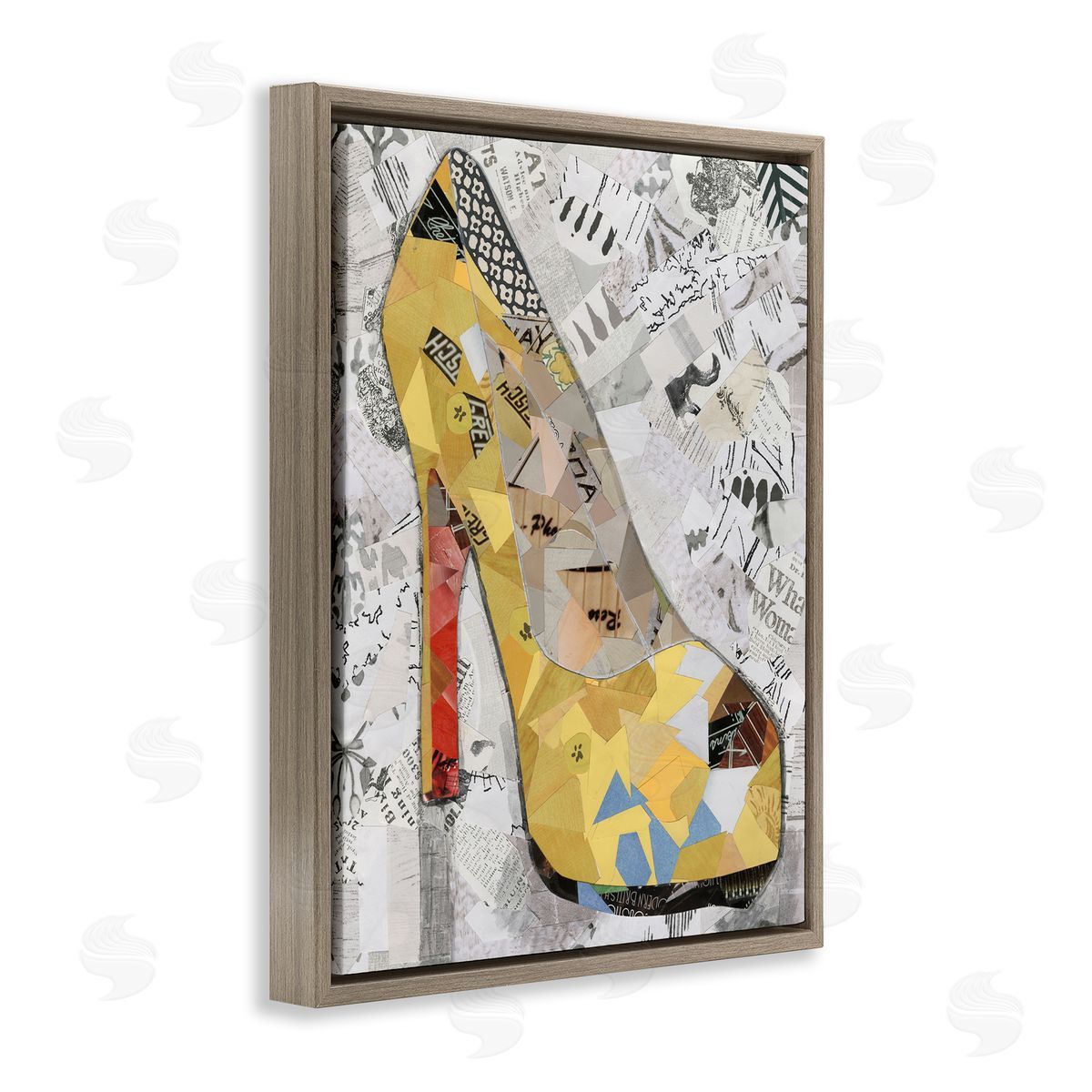 Coco Good Collaged Yellow Heel Brown Floating Frame Canvas Wall Art Print