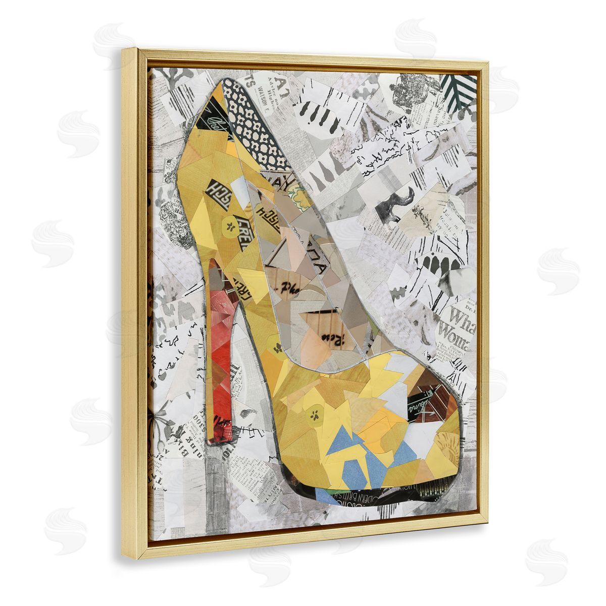 Coco Good Collaged Yellow Heel Gold Floating Frame Canvas Wall Art Print