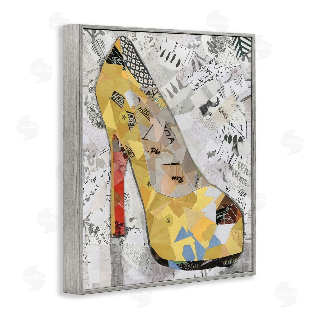 Coco Good Collaged Yellow Heel Gray Framed Giclee Wall Art Print