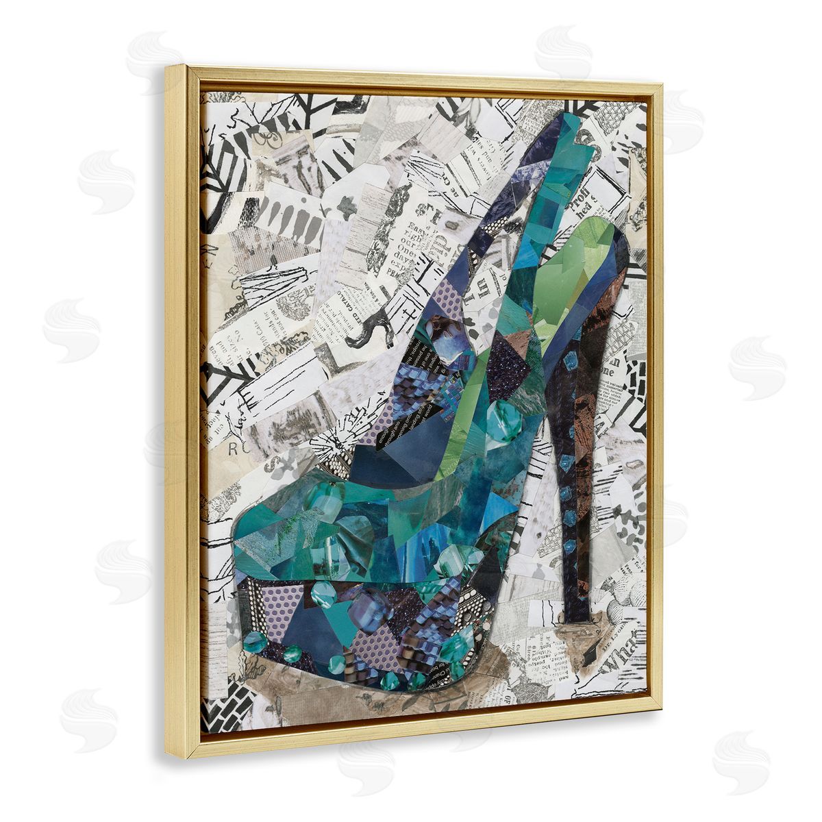Coco Good Collaged High Heel Gold Floating Frame Canvas Wall Art Print
