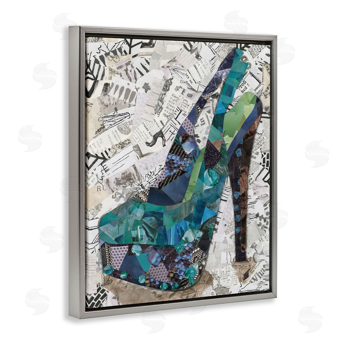 Coco Good Collaged High Heel Gray Floating Frame Canvas Wall Art Print
