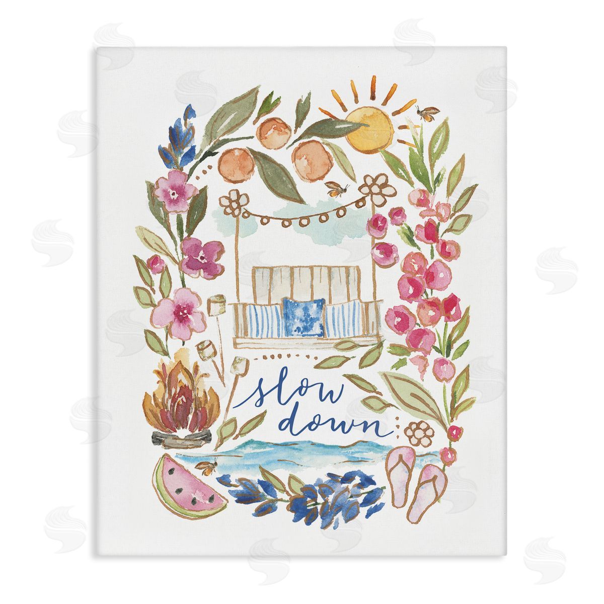 Blue Chair Blessing Slow Down Summer Florals Canvas Wall Art Print