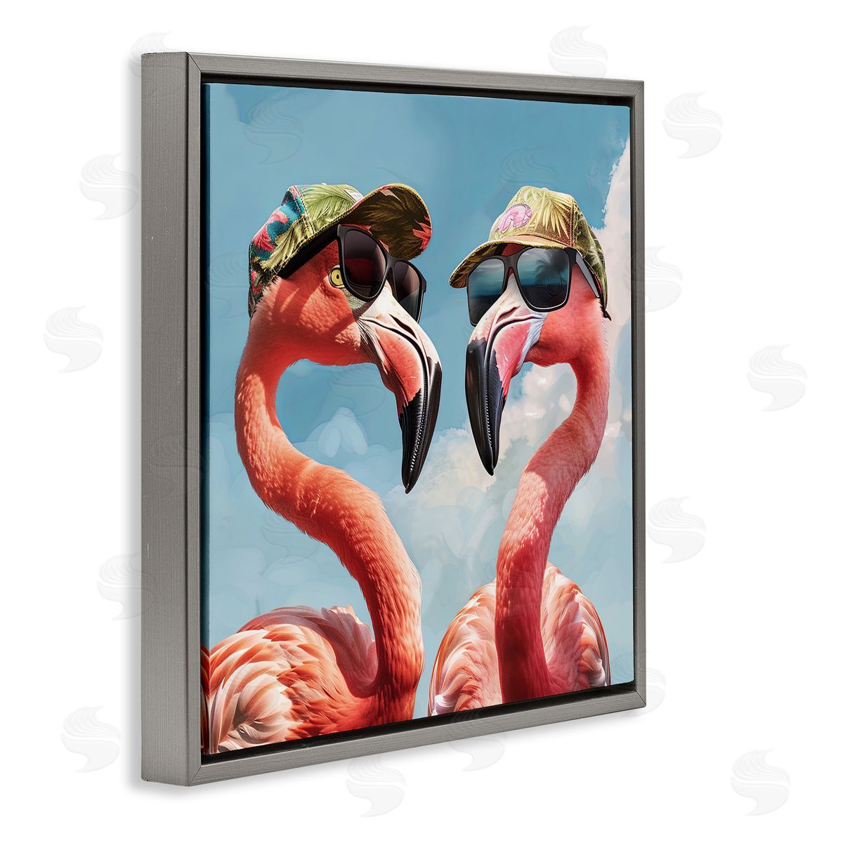 Jim Baldwin Flamingos with Tropical Hats Gray Floating Frame Canvas Wall Art Print