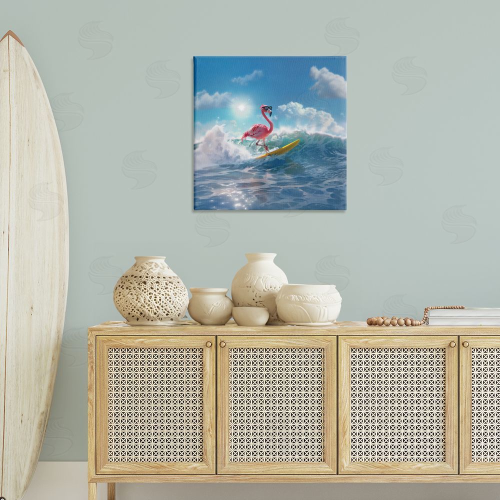 Jim Baldwin Flamingo Surfing White Caps Canvas Wall Art Print in Room