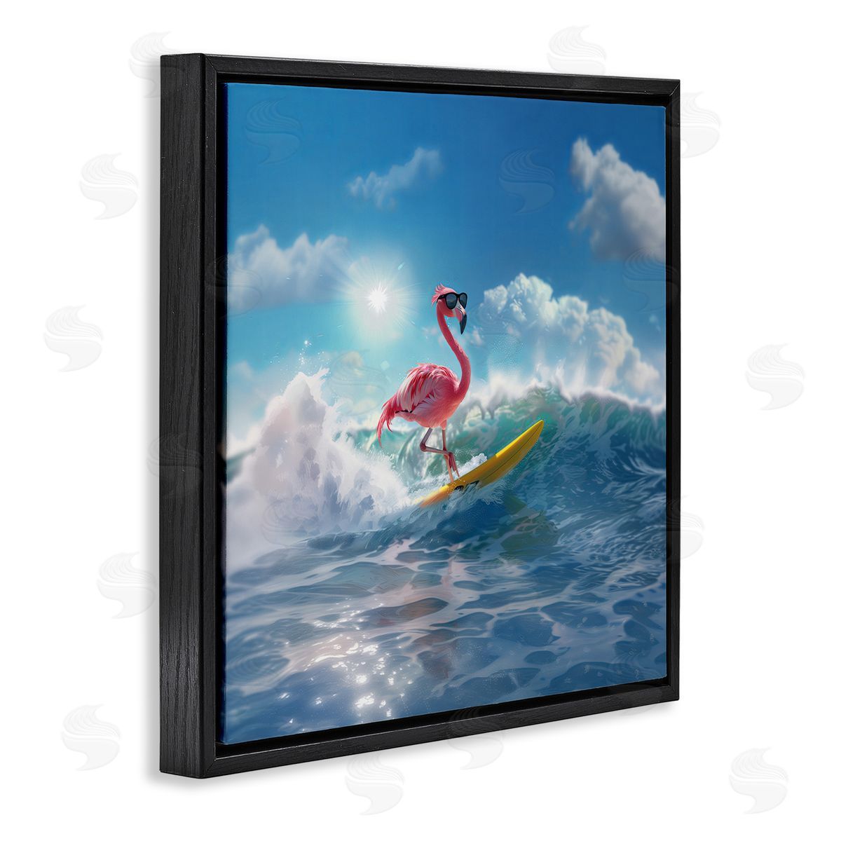 Jim Baldwin Flamingo Surfing White Caps Black Floating Frame Canvas Wall Art Print