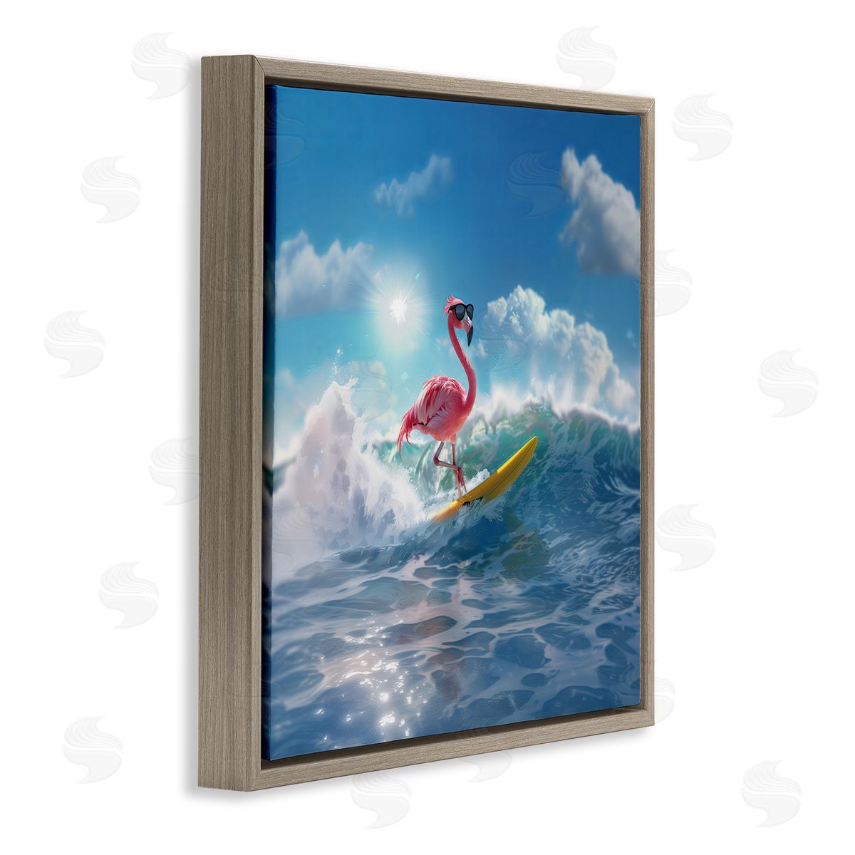 Jim Baldwin Flamingo Surfing White Caps Brown Floating Frame Canvas Wall Art Print