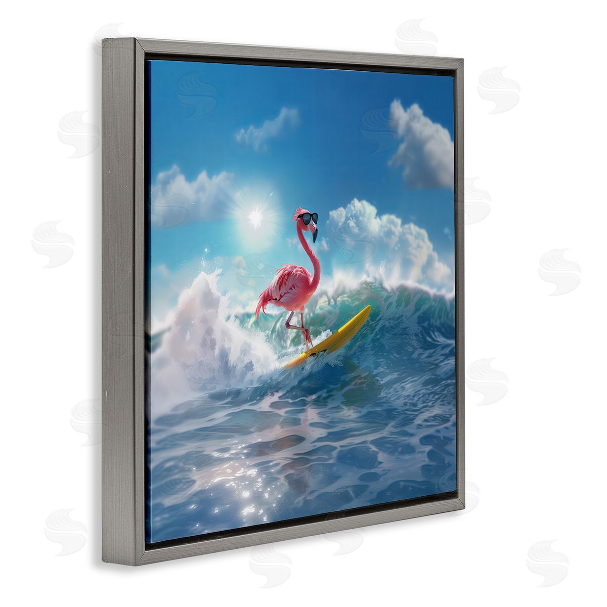 Jim Baldwin Flamingo Surfing White Caps Gray Floating Frame Canvas Wall Art Print
