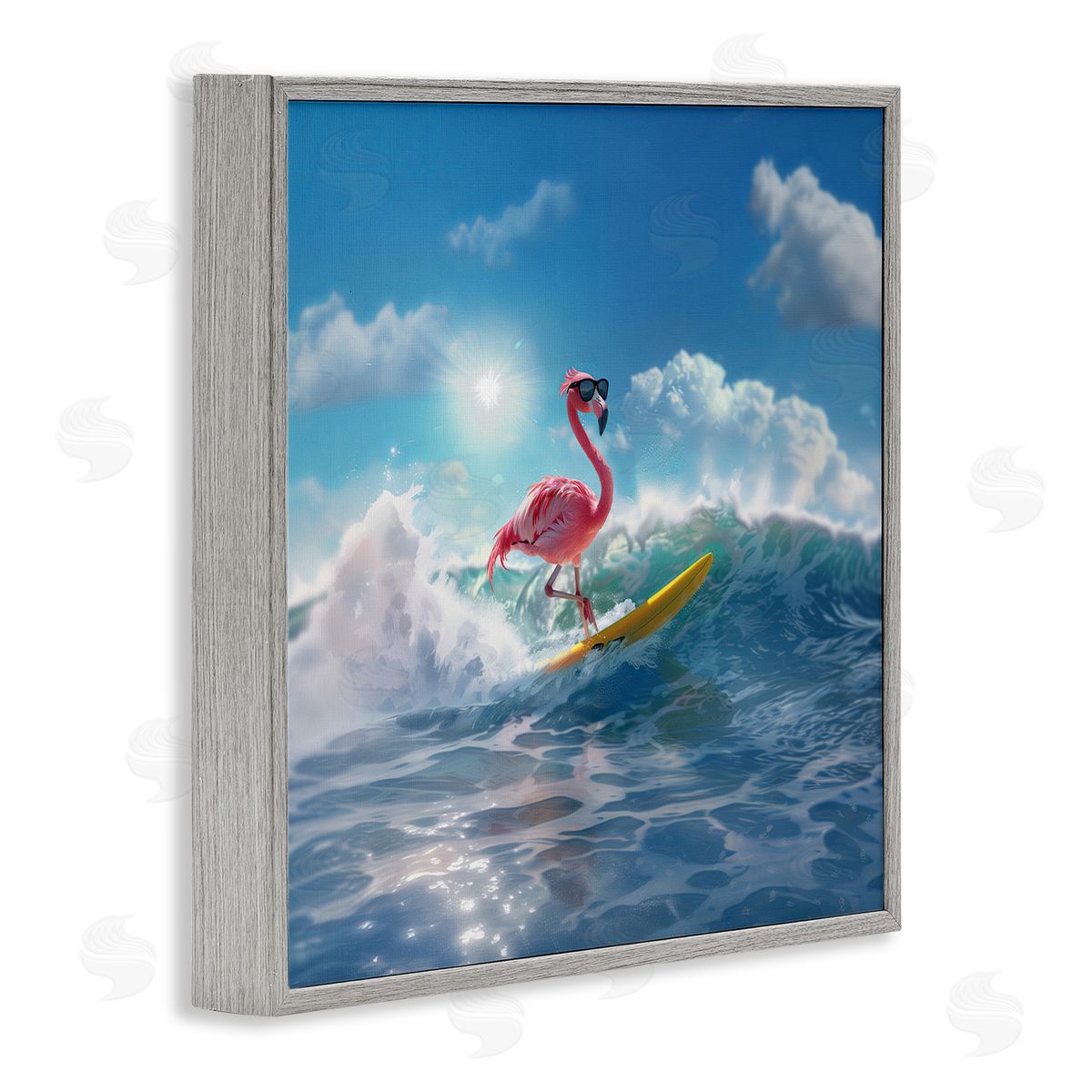 Jim Baldwin Flamingo Surfing White Caps Gray Framed Giclee Wall Art Print